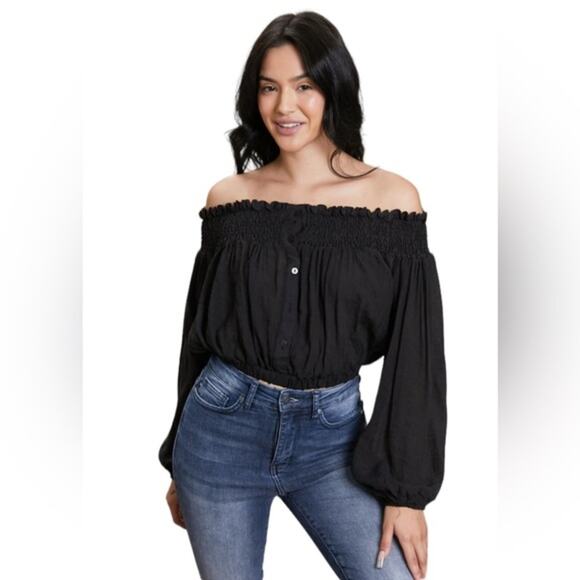 Hyfve Off Shoulder Crop Top Women’s Size L Black Button Front Smocked Crepe - Picture 1 of 14